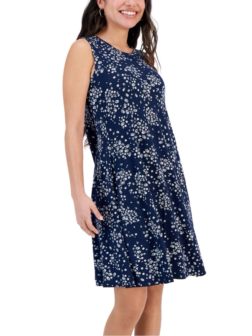 Navy Blue / White Floral Pattern Sleeveless T-Shirt Dress. Size Medium.